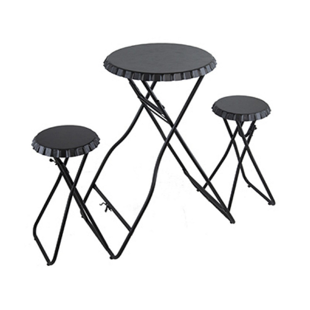 Stowable Folding Side Table and 2 Stool Set, Round Top | Black Iron