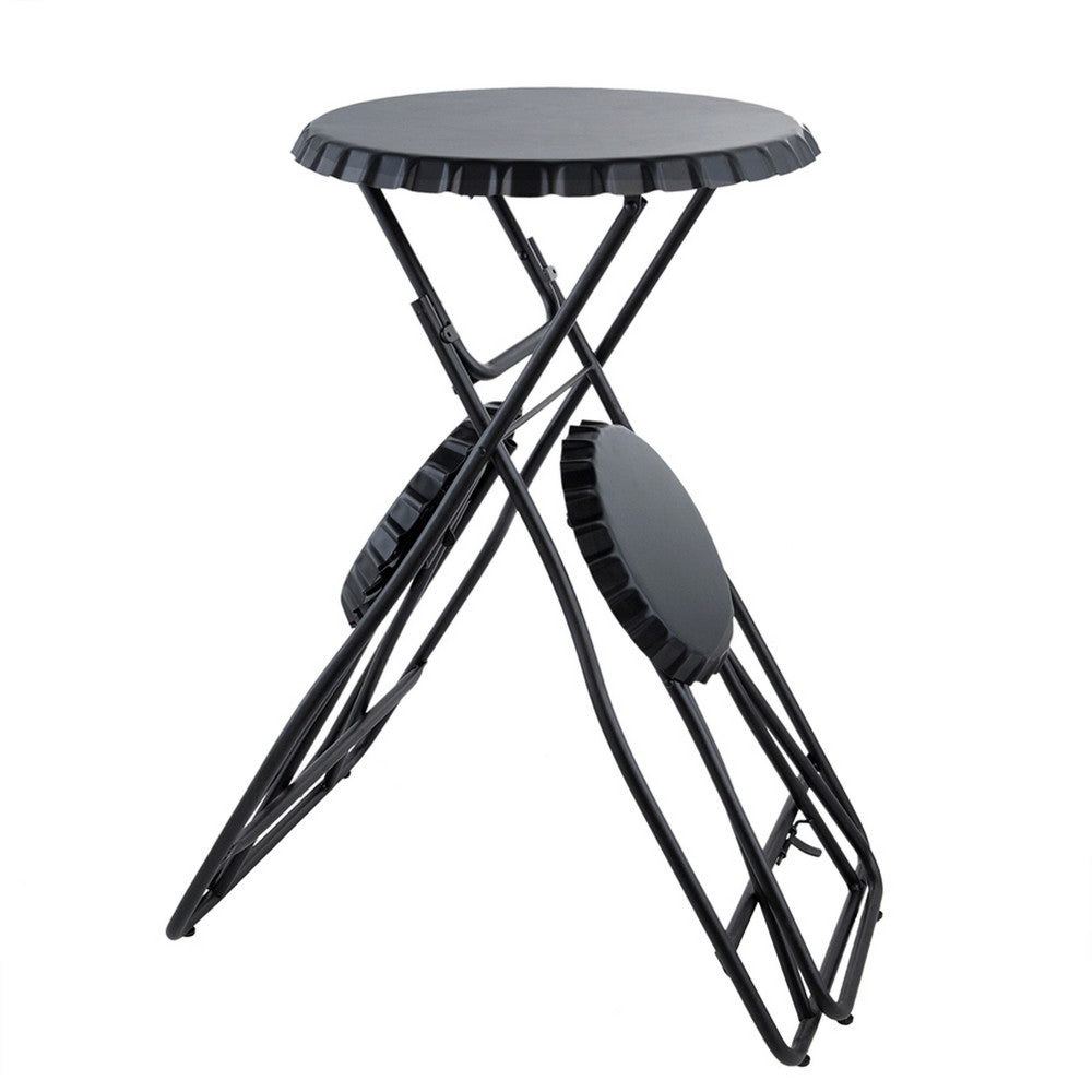 Stowable Folding Side Table and 2 Stool Set, Round Top | Black Iron