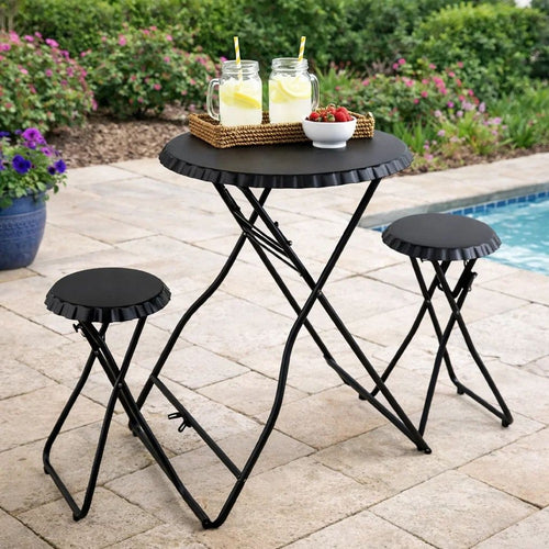 Stowable Folding Side Table and 2 Stool Set, Round Top | Black Iron