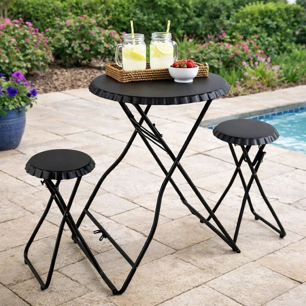 Stowable Folding Side Table and 2 Stool Set, Round Top | Black Iron