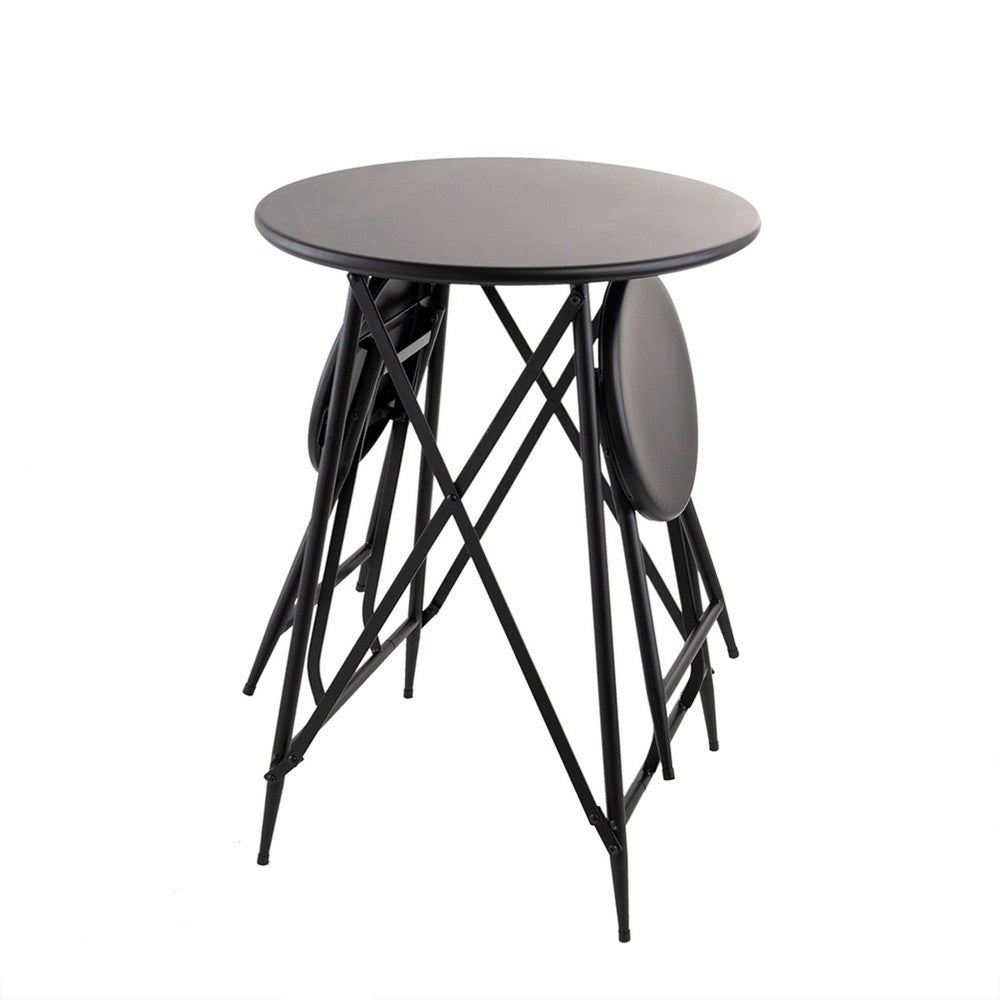 Stowable Folding Side Table, 2 Stool Set, Round Top, Black Iron Cross Base