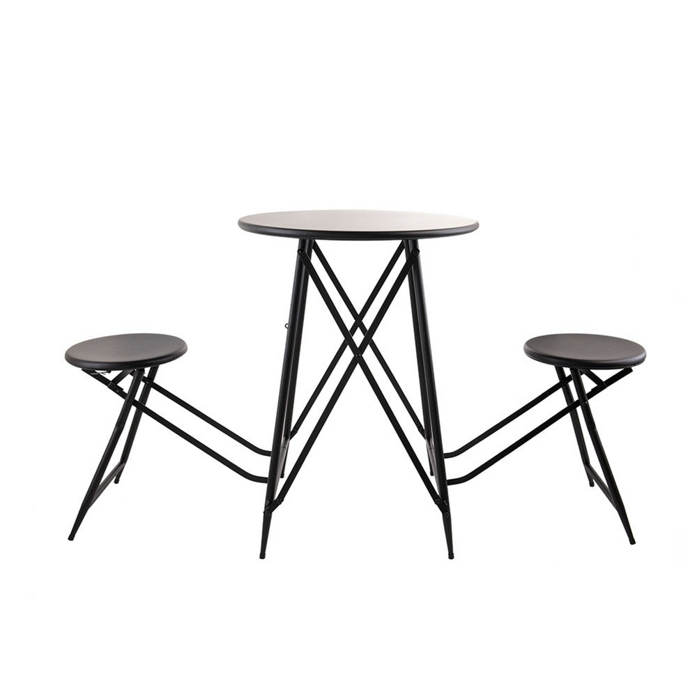 Stowable Folding Side Table, 2 Stool Set, Round Top, Black Iron Cross Base