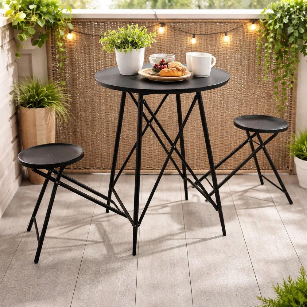 Stowable Folding Side Table, 2 Stool Set, Round Top, Black Iron Cross Base