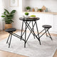 Stowable Folding Side Table, 2 Stool Set, Round Top, Black Iron Cross Base