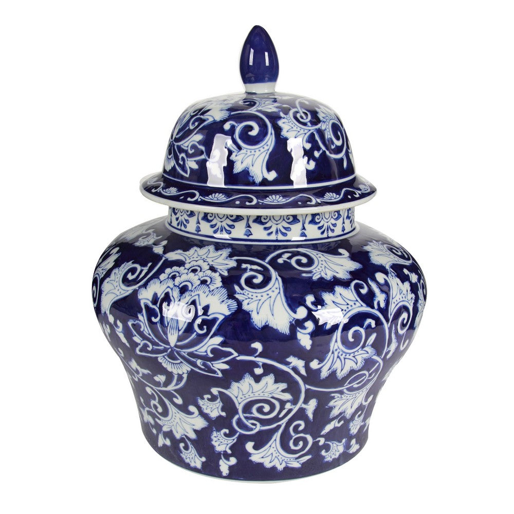 Lina Ginger Jar | Floral & Scroll Design | Blue & White Porcelain 17"