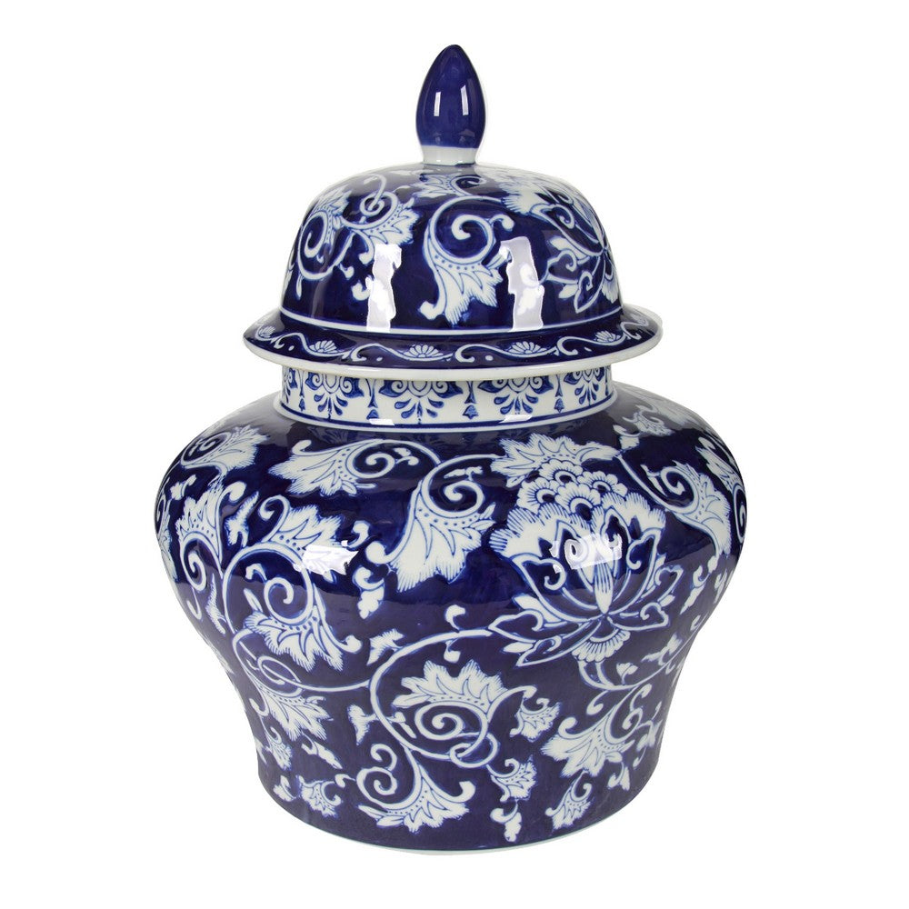 Lina Ginger Jar | Floral & Scroll Design | Blue & White Porcelain 17"
