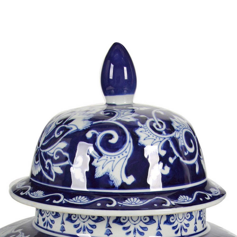 Lina Ginger Jar | Floral & Scroll Design | Blue & White Porcelain 17"