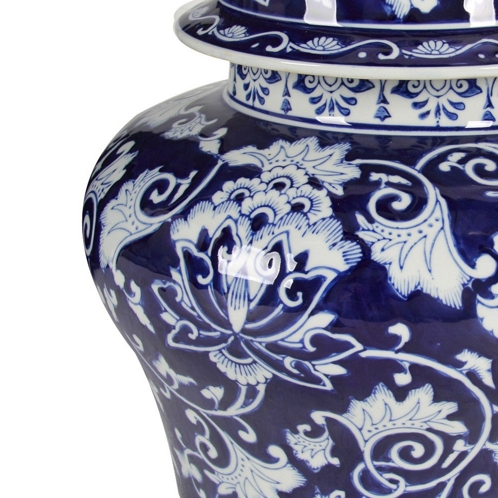 Lina Ginger Jar | Floral & Scroll Design | Blue & White Porcelain 17"