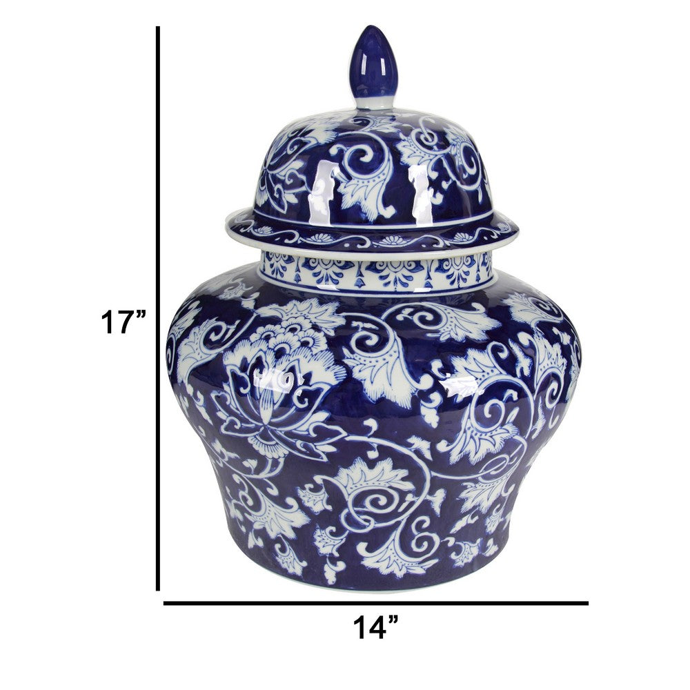 Lina Ginger Jar | Floral & Scroll Design | Blue & White Porcelain 17"