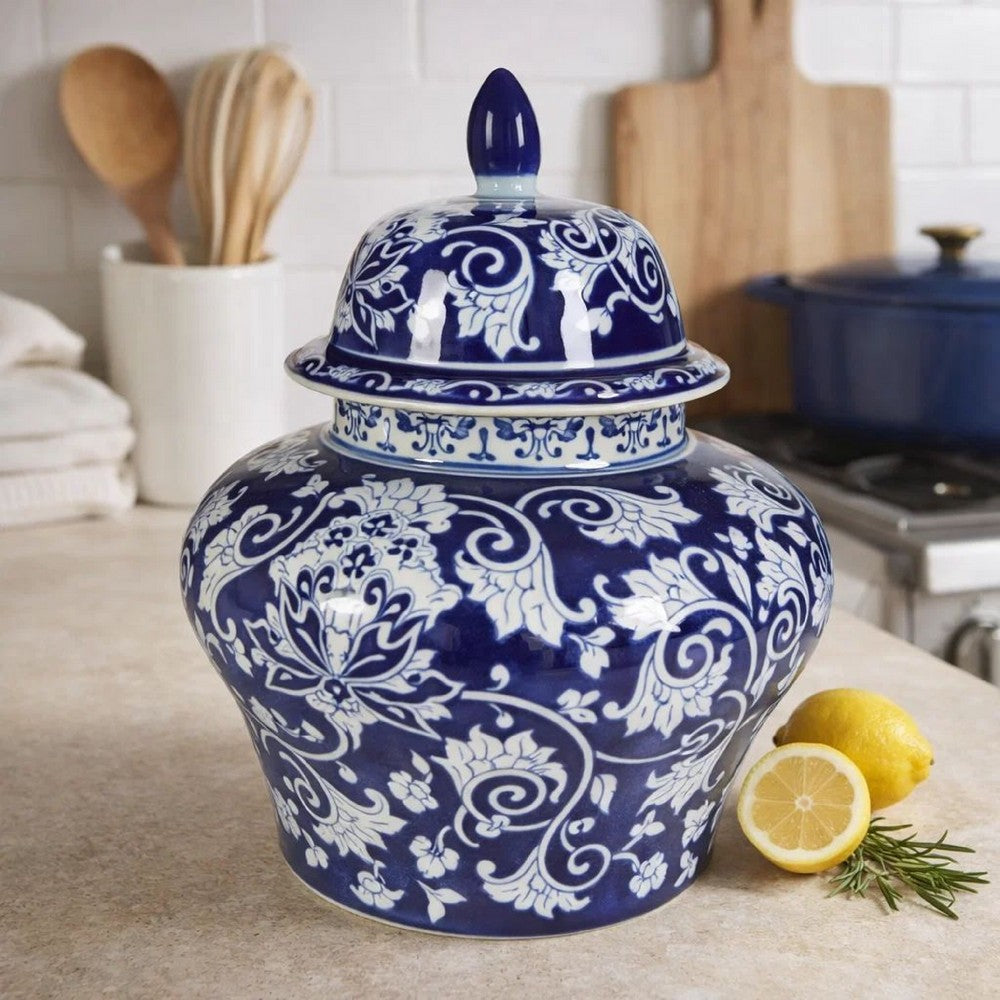 Lina Ginger Jar | Floral & Scroll Design | Blue & White Porcelain 17"