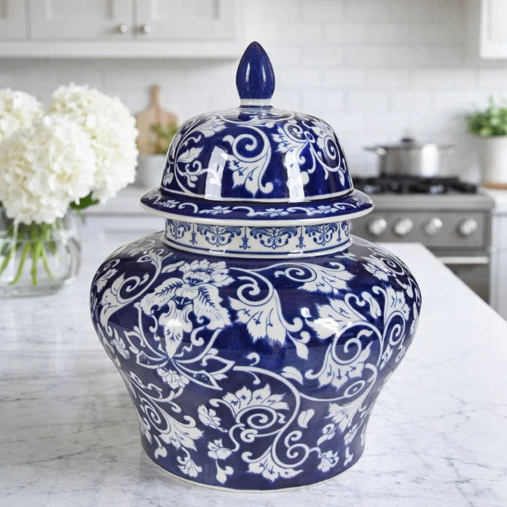 Lina Ginger Jar | Floral & Scroll Design | Blue & White Porcelain 17"