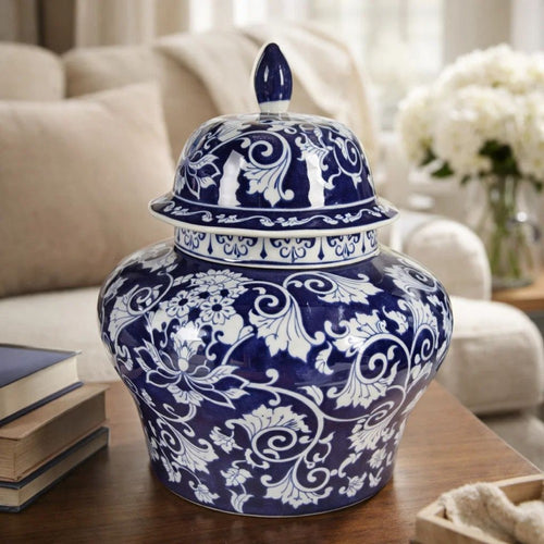 Lina Ginger Jar | Floral & Scroll Design | Blue & White Porcelain 17"