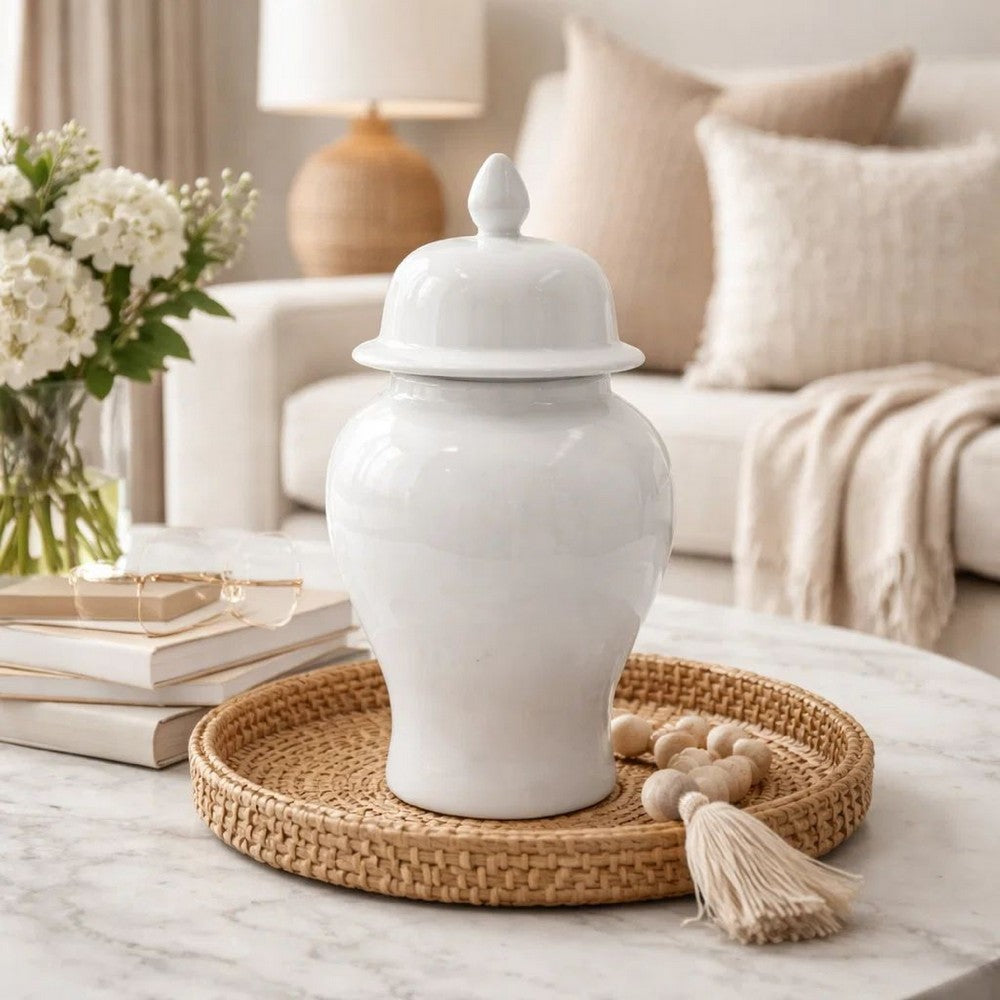 Ginger Jar with Domed Lid & Finial | Tapered Body | White Porcelain 20"