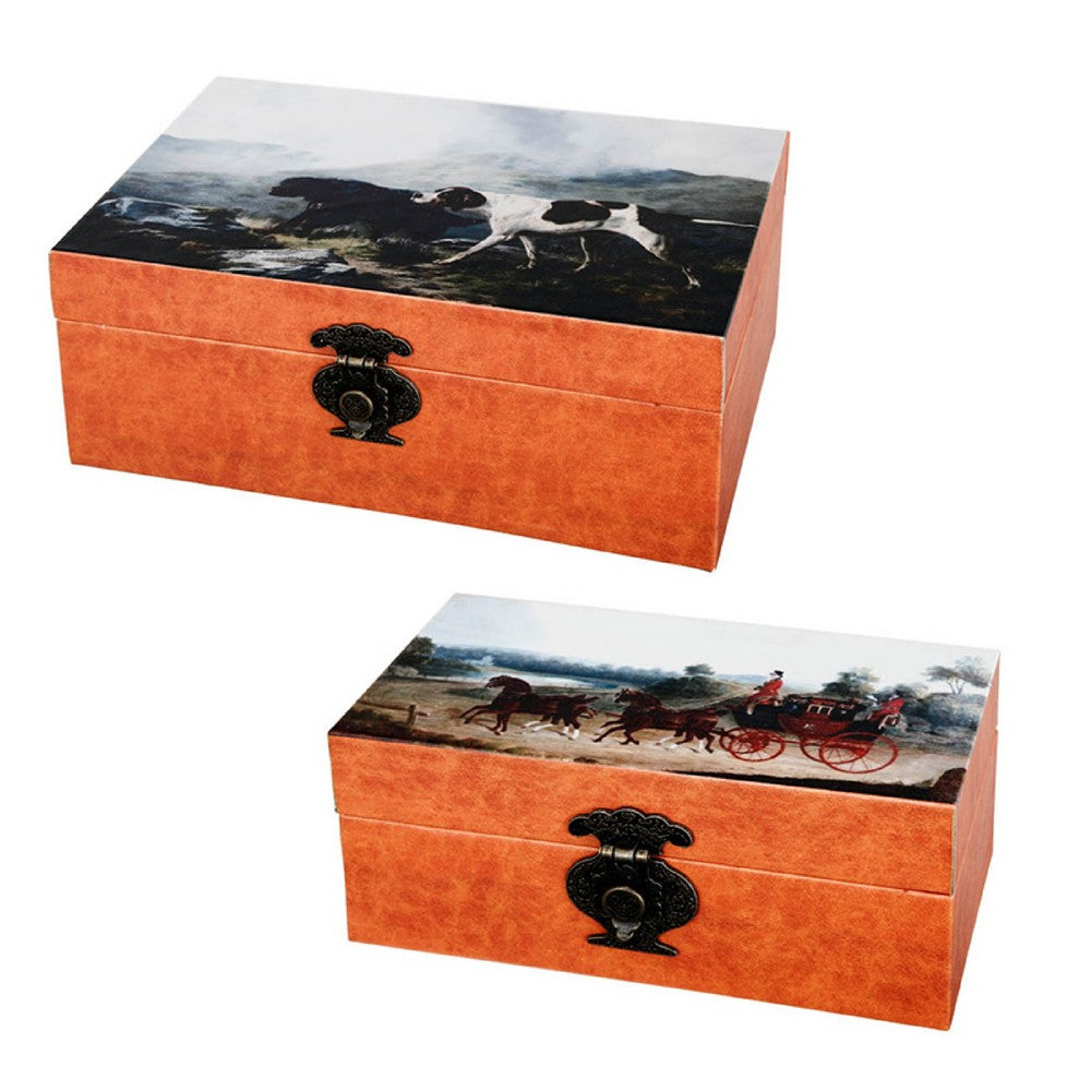Storage Box Set of 2 | Hunting Dogs & Horse Drawn Carriage Print | Brown