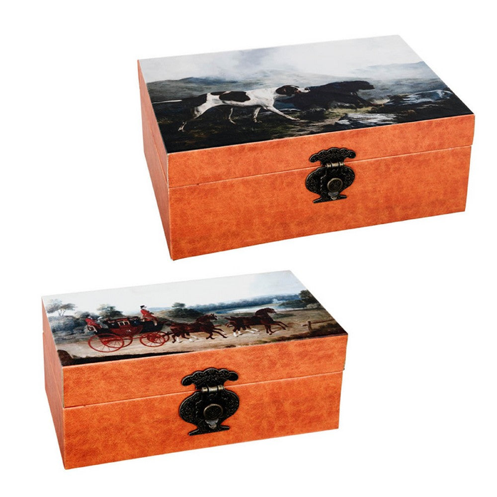 Storage Box Set of 2 | Hunting Dogs & Horse Drawn Carriage Print | Brown