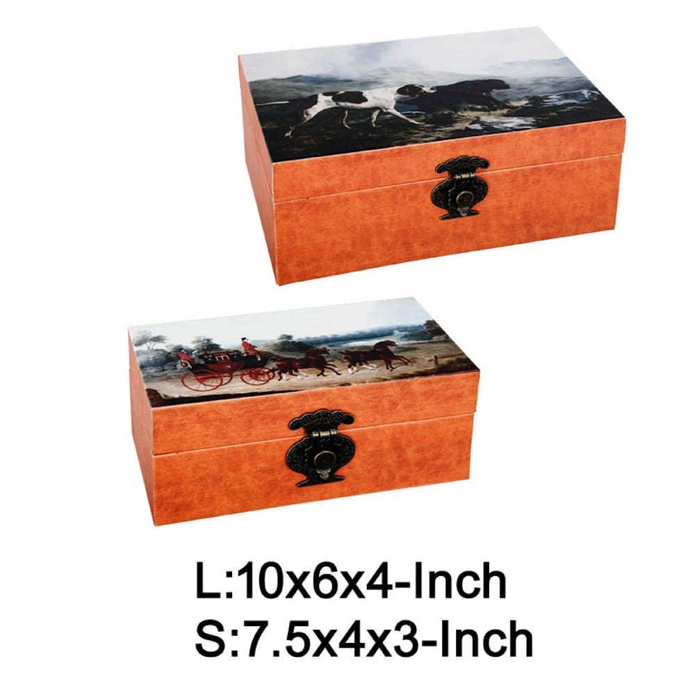 Storage Box Set of 2 | Hunting Dogs & Horse Drawn Carriage Print | Brown