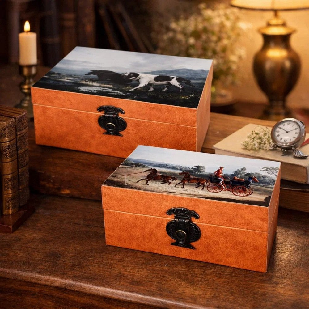 Storage Box Set of 2 | Hunting Dogs & Horse Drawn Carriage Print | Brown