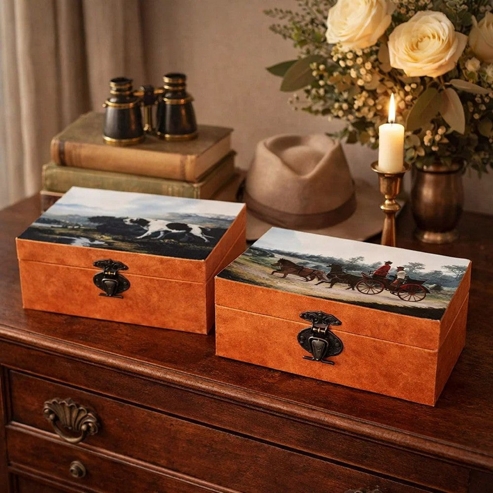 Storage Box Set of 2 | Hunting Dogs & Horse Drawn Carriage Print | Brown