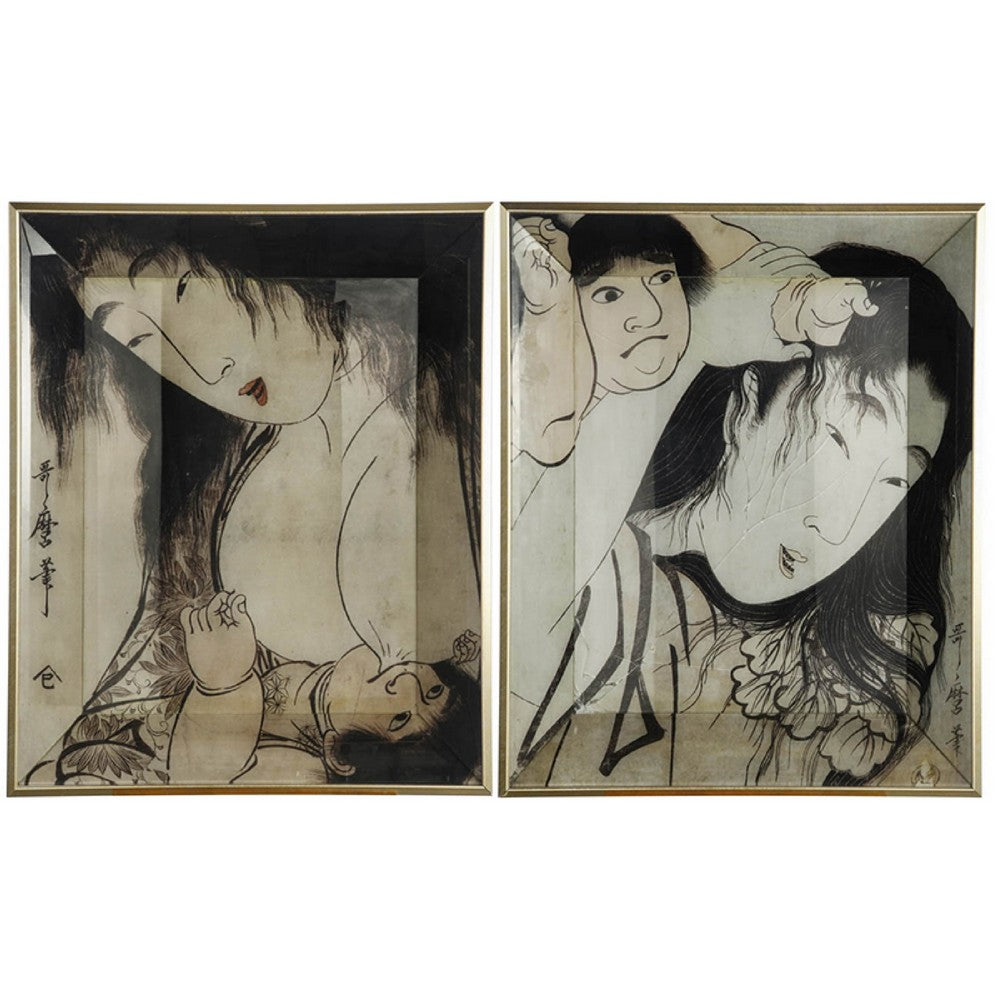 Decorative Serving Tray Set of 2 | Japanese Black & White Glass Print
