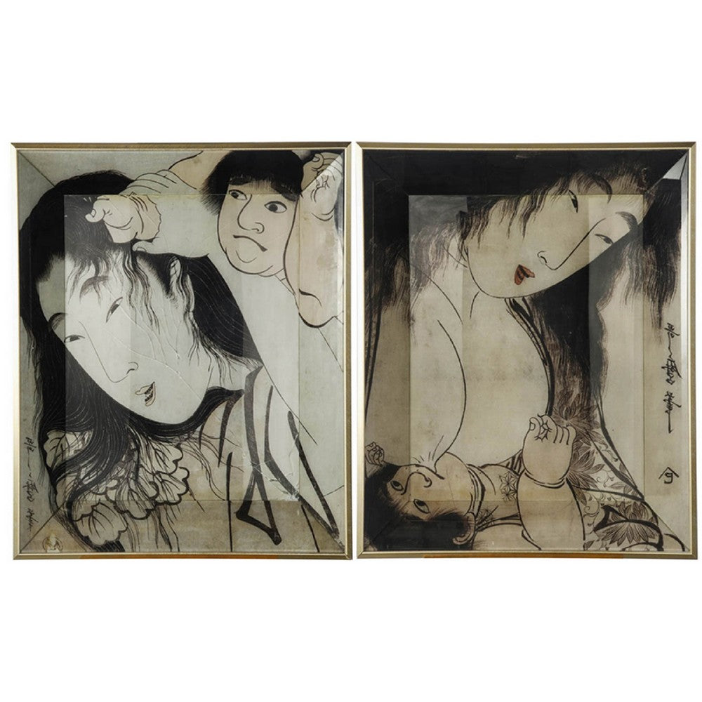 Decorative Serving Tray Set of 2 | Japanese Black & White Glass Print