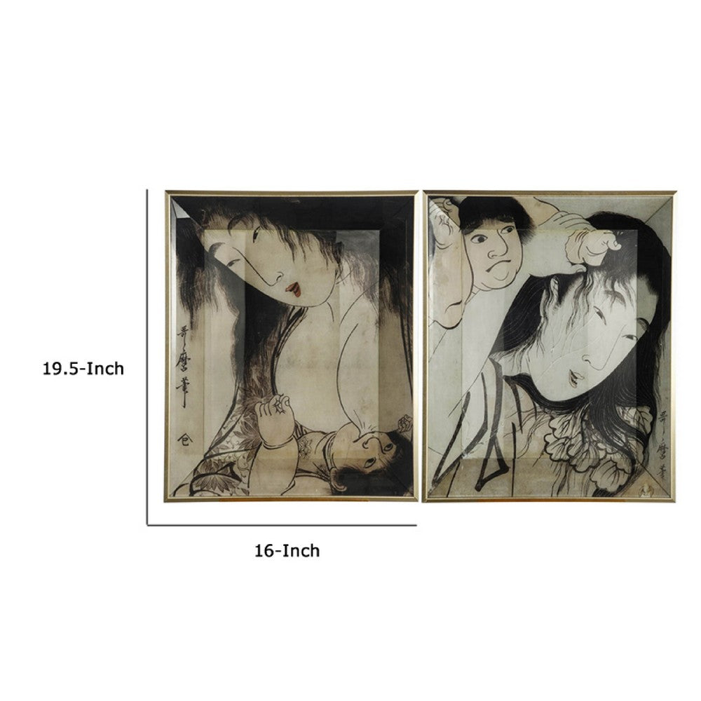 Decorative Serving Tray Set of 2 | Japanese Black & White Glass Print