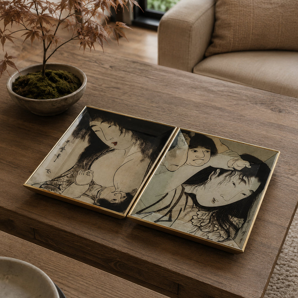 Decorative Serving Tray Set of 2 | Japanese Black & White Glass Print