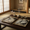Decorative Serving Tray Set of 2 | Japanese Black & White Glass Print