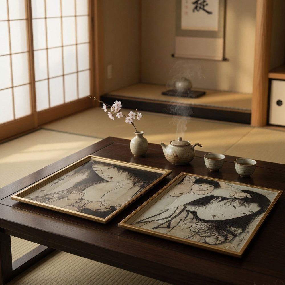 Decorative Serving Tray Set of 2 | Japanese Black & White Glass Print