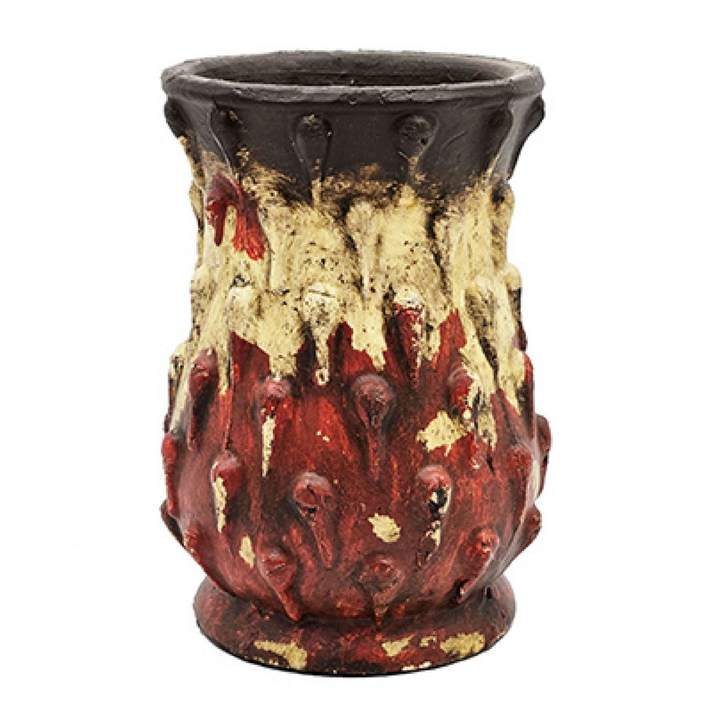 Decorative Flower Vase | 10" Textured Red Cream & Brown Terracotta