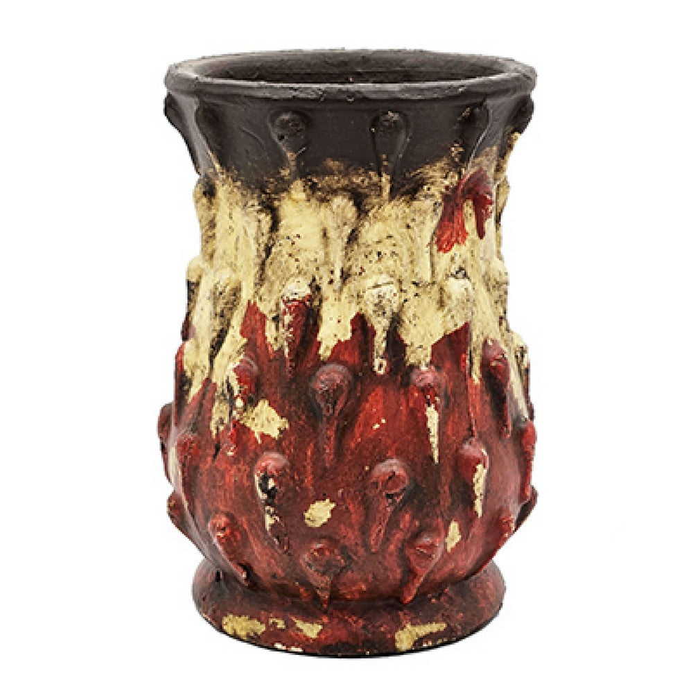 Decorative Flower Vase | 10" Textured Red Cream & Brown Terracotta