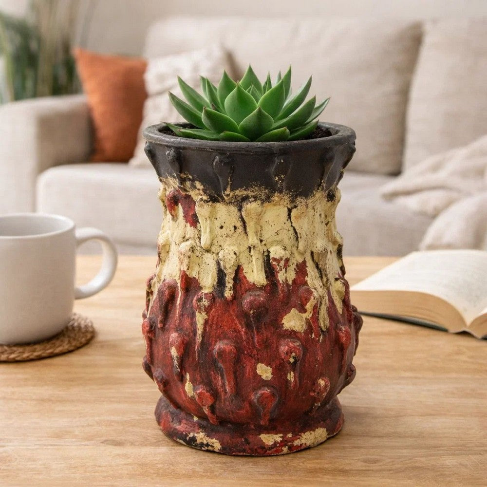 Decorative Flower Vase | 10" Textured Red Cream & Brown Terracotta