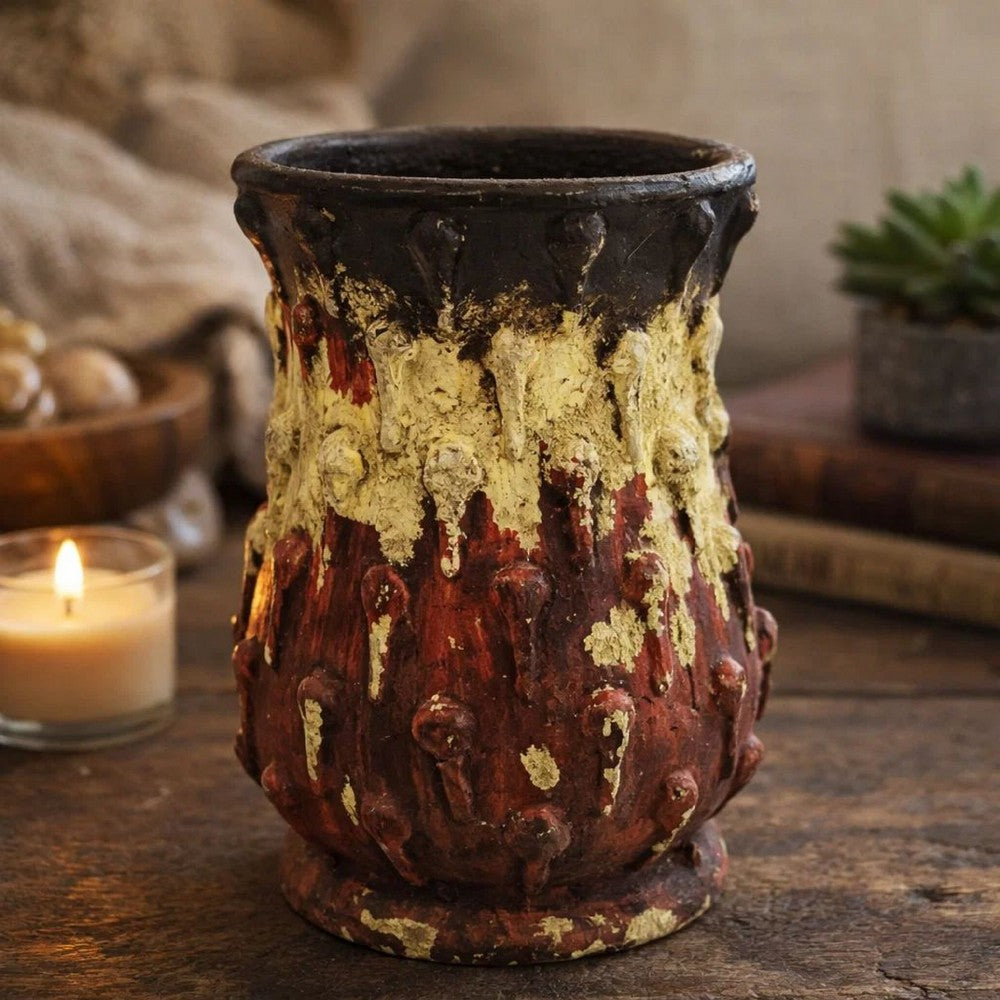 Decorative Flower Vase | 10" Textured Red Cream & Brown Terracotta