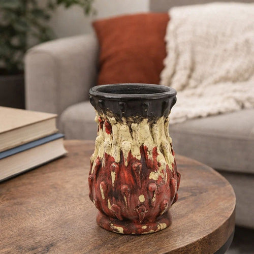 Decorative Flower Vase | 10" Textured Red Cream & Brown Terracotta