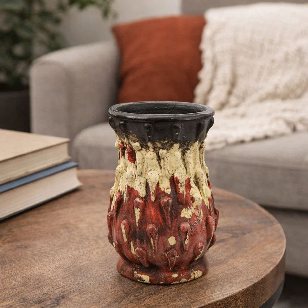 Decorative Flower Vase | 10" Textured Red Cream & Brown Terracotta