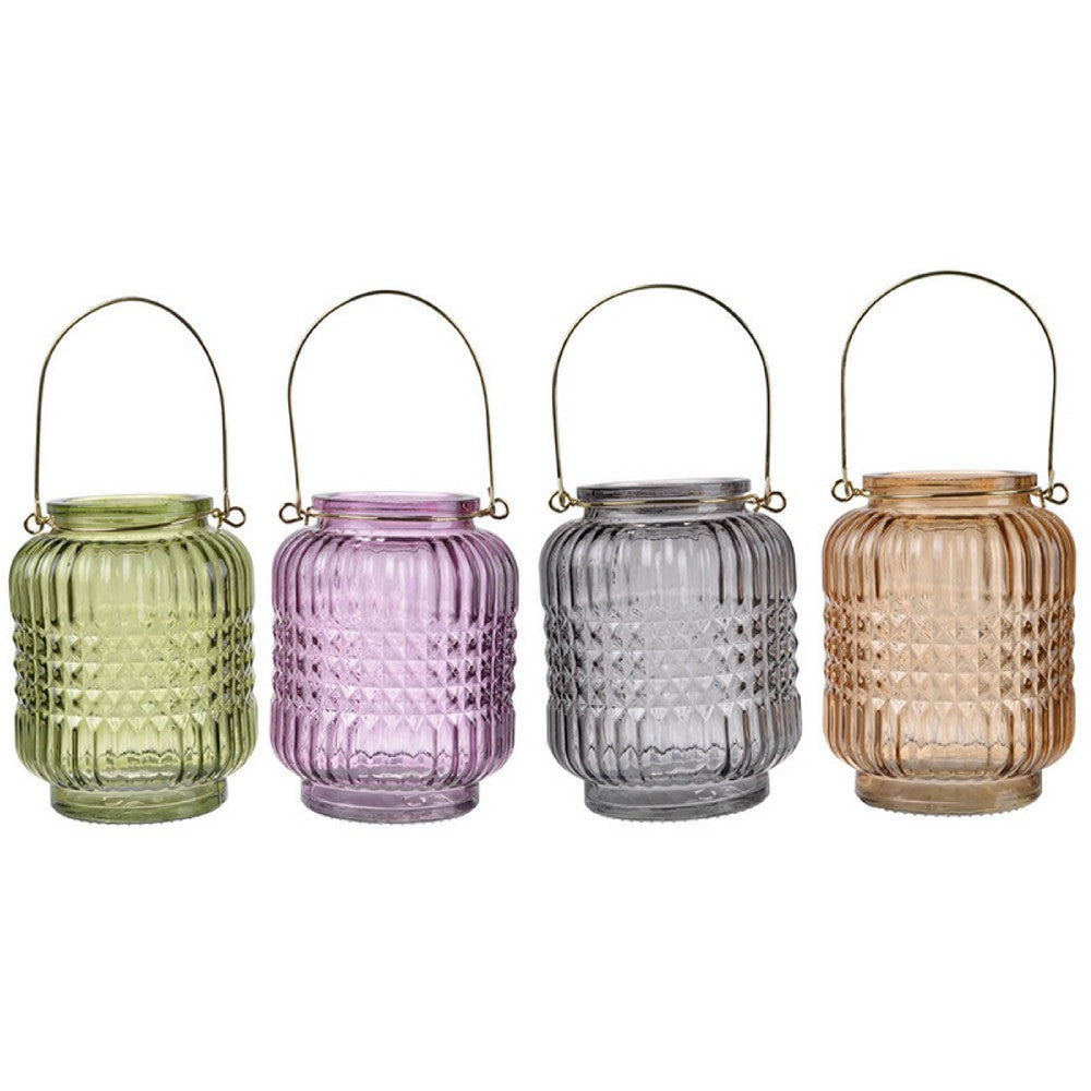 Aly Colorful Candle Holder Set of 4 | Cut Glass Jars with Iron Handles