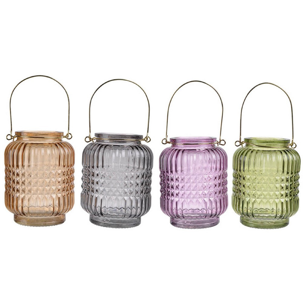 Aly Colorful Candle Holder Set of 4 | Cut Glass Jars with Iron Handles