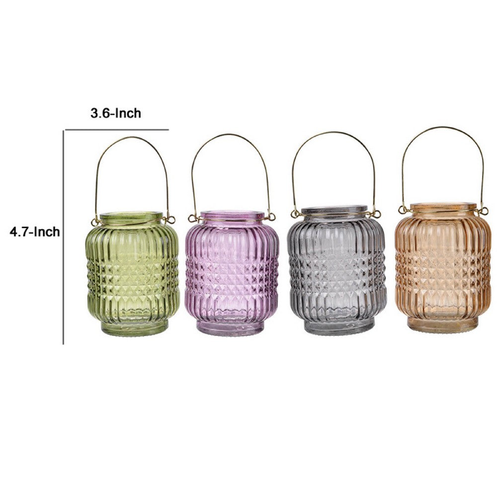 Aly Colorful Candle Holder Set of 4 | Cut Glass Jars with Iron Handles