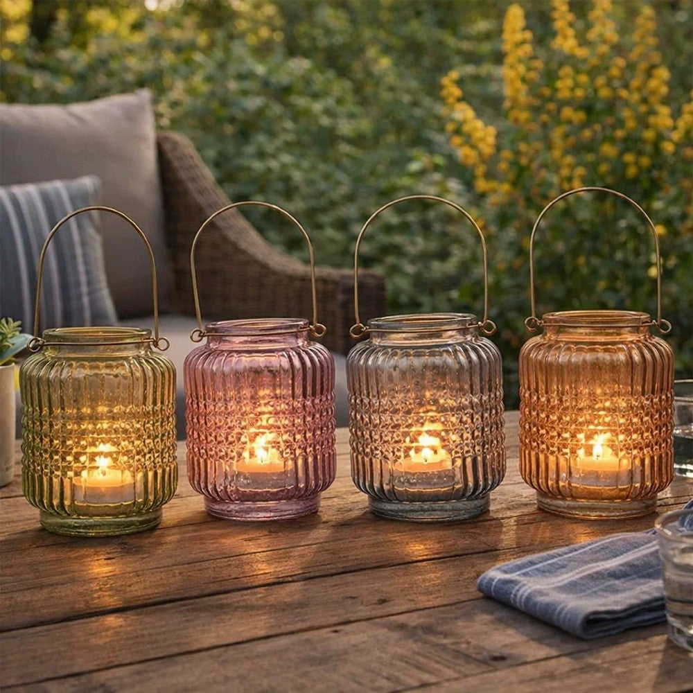 Aly Colorful Candle Holder Set of 4 | Cut Glass Jars with Iron Handles