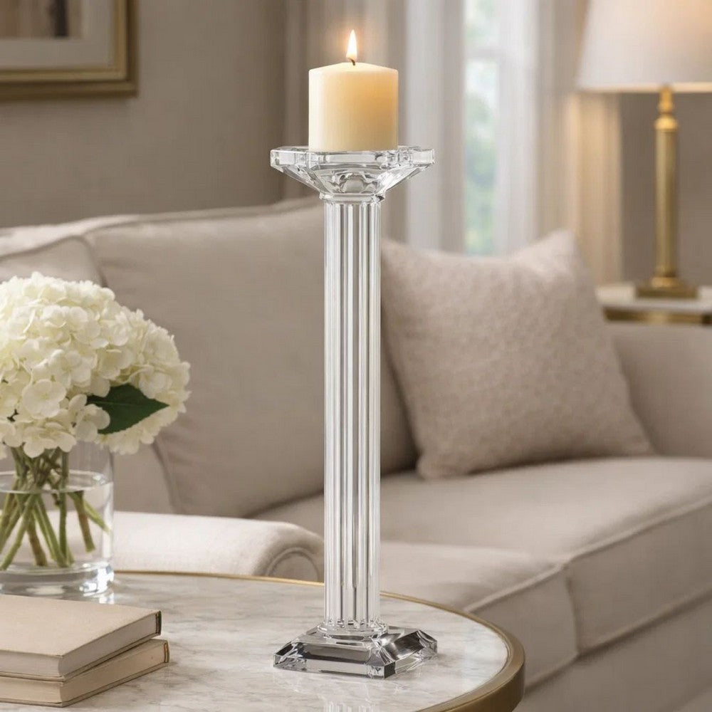 Pillar Candle Holder | 17" Tall Fluted Clear Glass | Classic Square Base