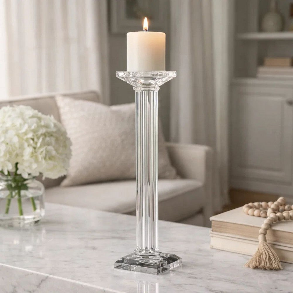 Pillar Candle Holder | 17" Tall Fluted Clear Glass | Classic Square Base