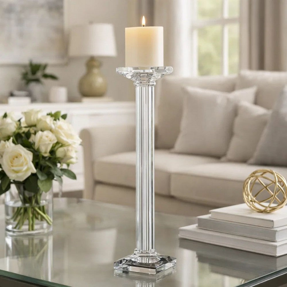 Pillar Candle Holder | 17" Tall Fluted Clear Glass | Classic Square Base