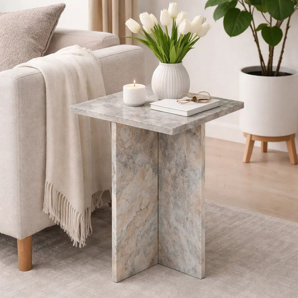 Levi Side End Table | 15" Square Top | Geometric Gray Marble Base