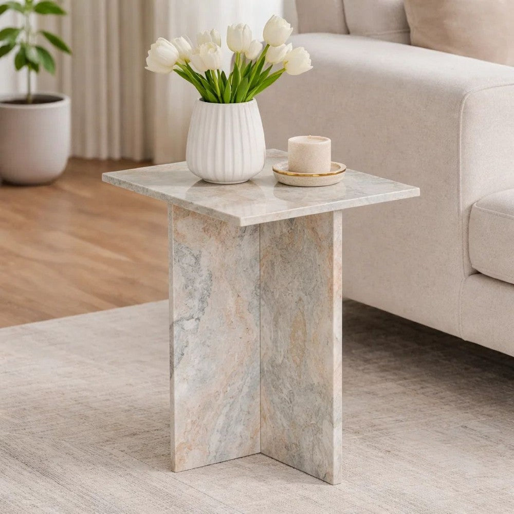 Levi Side End Table | 15" Square Top | Geometric Gray Marble Base