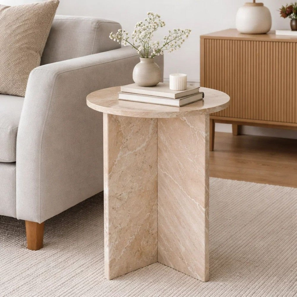 Levi Side End Table | 15" Round Top | Geometric Gray Marble Base