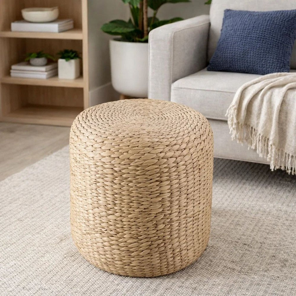 Vin Accent Ottoman | 15" Round | Natural Water Hyacinth Woven Rope
