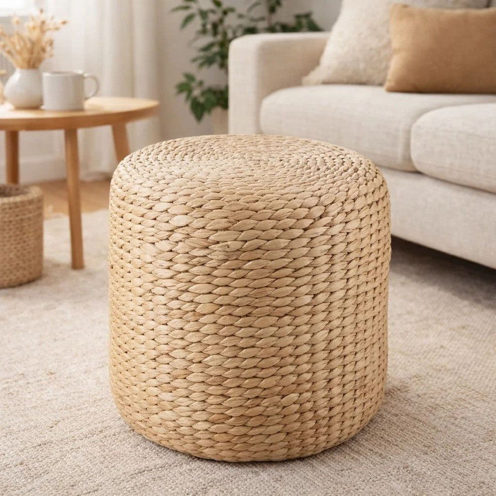 Vin Accent Ottoman | 15" Round | Natural Water Hyacinth Woven Rope