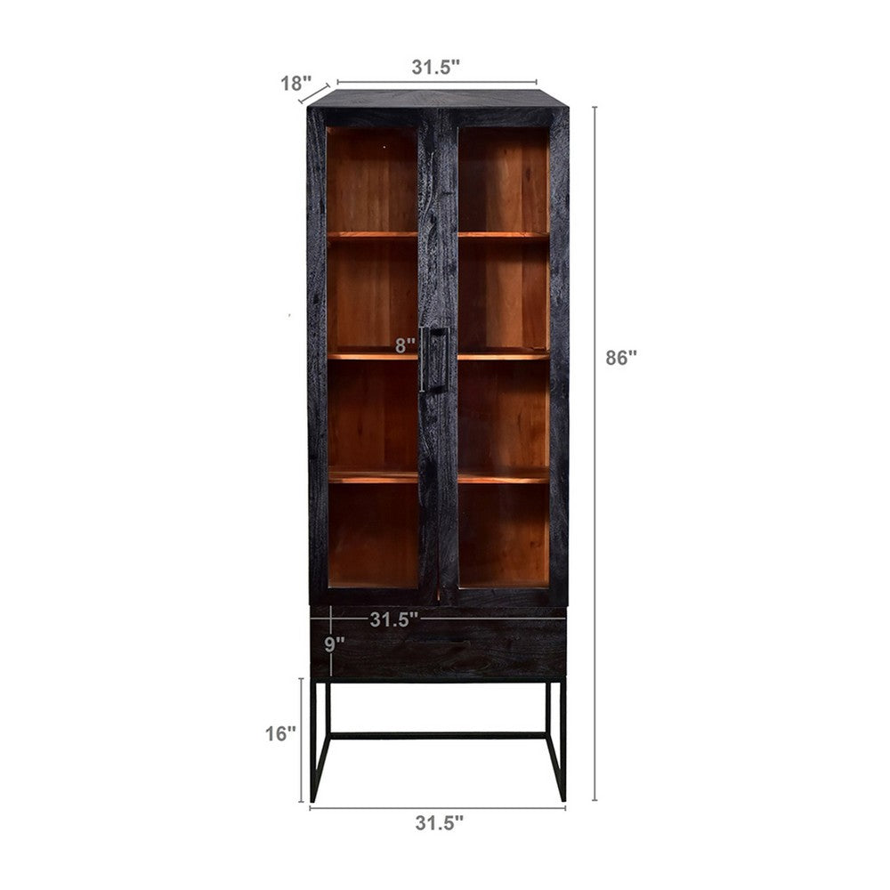 Keny Accent Cabinet | 2 Glass Doors & 3 Shelves | 1 Drawer | Black Iron