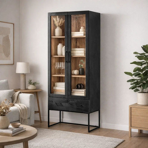 Keny Accent Cabinet | 2 Glass Doors & 3 Shelves | 1 Drawer | Black Iron