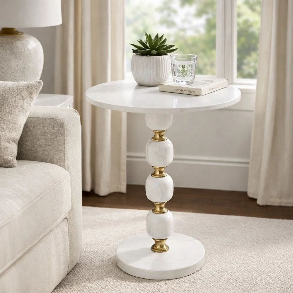 Siny Side End Table | 15" Round Top | White & Gold Stacked Balls Base