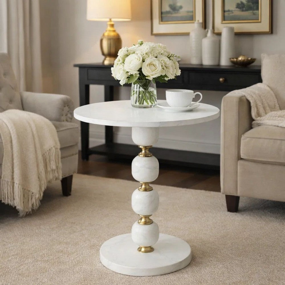 Siny Side End Table | 15" Round Top | White & Gold Stacked Balls Base